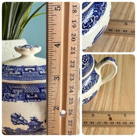 Vintage Blue & White Willow Pattern Lidded Sugar Bowl Pagoda - Picture 10 of 10
